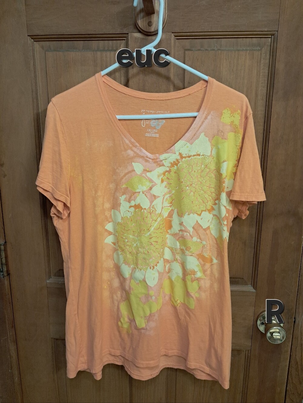 Women's Floral Print V-Neck Tee in Coral and Yellow By Just My Size